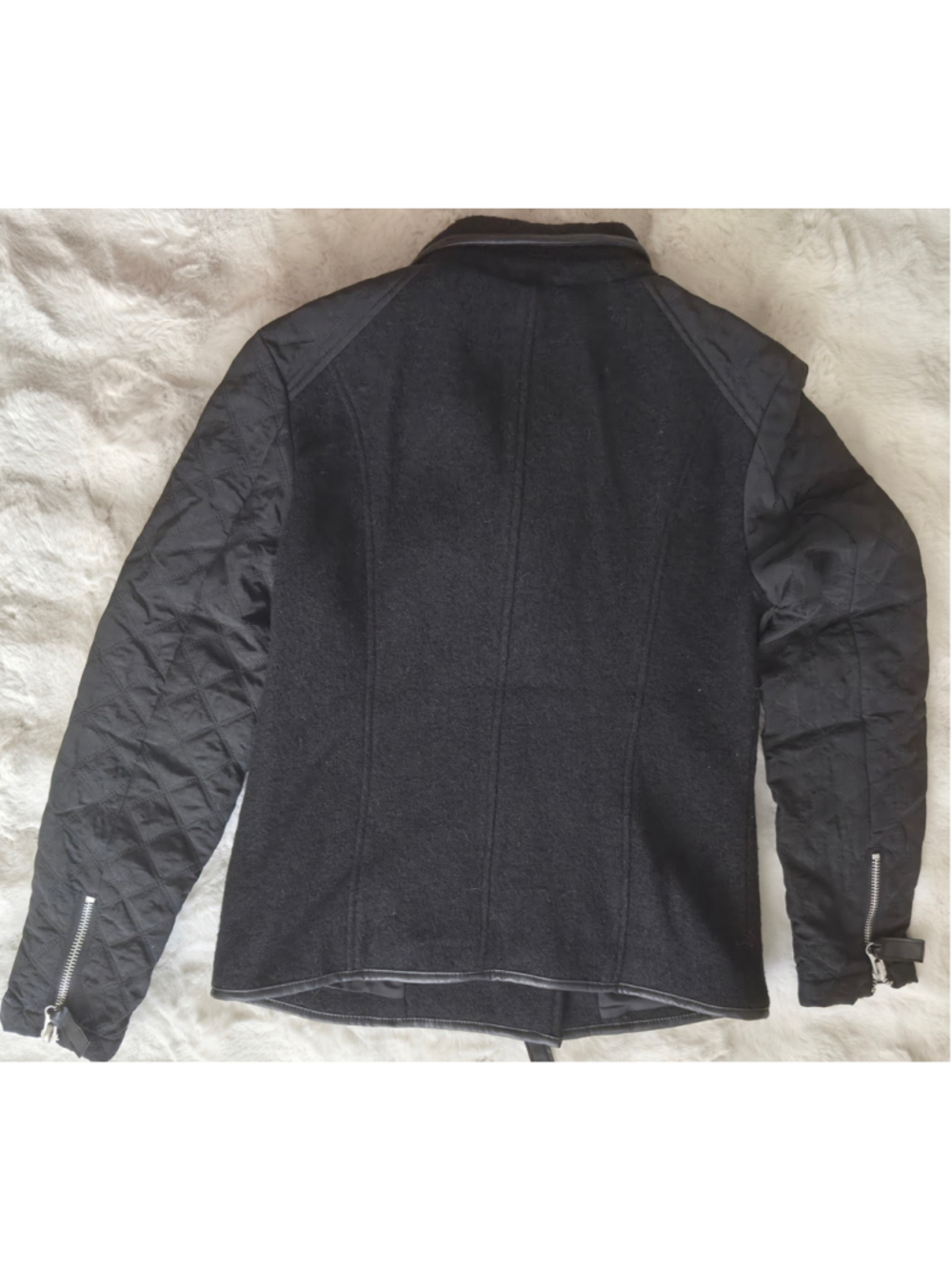 Womens 100% Wool Moto Jacket M Black Quilted Biker Faux Leather Zip Streetwear - Picture 8 of 10